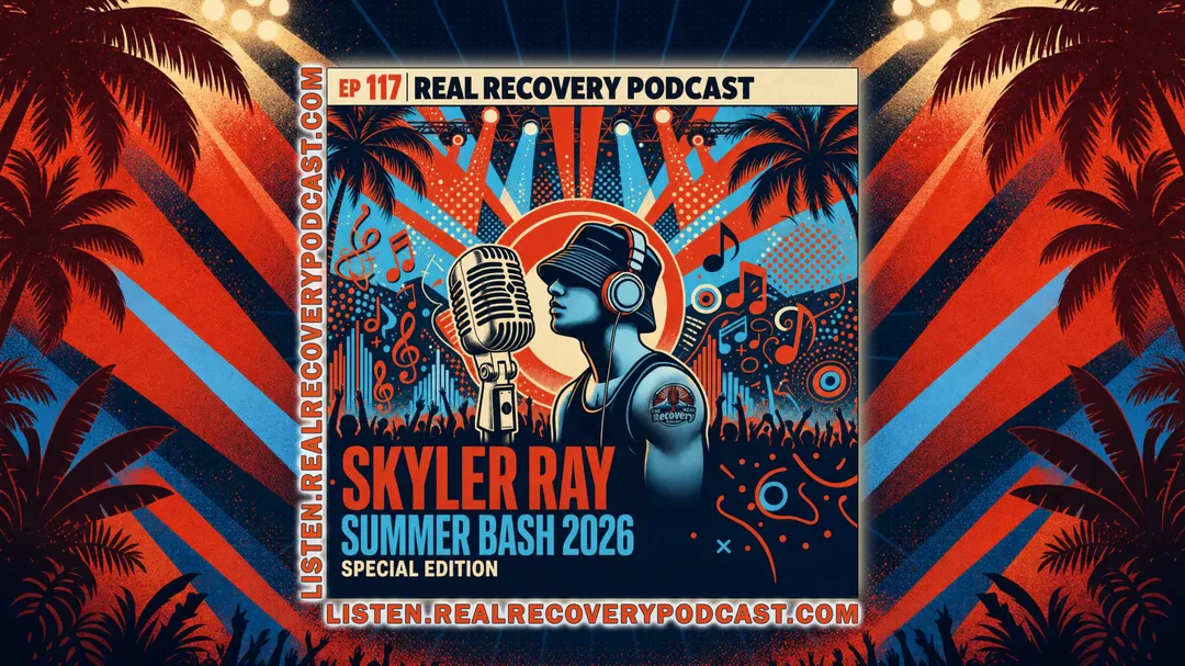 Illustrated concert festival background for RRP Episode 117 — Skyler Ray's Summer Bash 2026 Special Edition on the Real Recovery Podcast. Bold stage lighting beams in red-orange and sky blue radiate against a deep navy sky, framed by palm tree silhouettes and a crowd silhouette below.